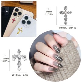 Pearl Cross Nail Charms - Silver Cross Nail Charms - y2k Nail Cross Art Whit Pearl, 3D Metal Nail Cross Charms for DIY Designs Supplies