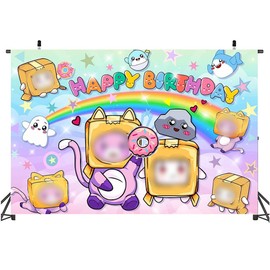 Nesloonp Happy Birthday Banner, Box Cat Photo Backdrop, Children's Birthday Decoration Lila Background, Box Cat Theme Birthday Party Background Decoration Wall Birthday Party, 150x100cm