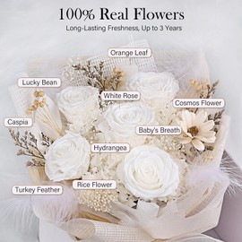 Preserved Bouquet of Flowers - 5 Roses & Flowers for Delivery, Real White Forever Flower, Eternal Roses Bouquet for Mothers, Mom, Wife Anniversary Birthday Gifts for Women