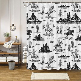 Dongbei Western Cowboy Shower Curtain with Cactus Landscape, American Wild West Cowboy on Horse in Desert Bath Curtain Farmhouse Country Southwestern Theme Bathroom Decor Set with Hooks 70X70IN Black