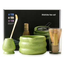 Matcha Kit de 4 Piezas, Kit de Té Matcha Ceremonial, Incluye Cuenco, Agitador de Bambú, Cuchara, Tamiz, Soporte, Diseño a Prueba de Fugas, Ideal para Uso Personal y Entretener a Invitadosl(Verde)