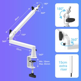 Prizmora Low Profile Mic Arm Microphone Boom Arm Professional Adjustable with 15cm Riser Solid Desk Mount Clamp Cable Management Microphone Holder Stand for Podcast Streaming Gaming Mic Stand White