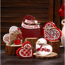 Cinnvoice 5 Pcs Valentines Day Table Decorations Love Heart Shape Wooden Sign Happy Valentine's Day Tabletop Centerpiece Red White Conversation Heart Decor for Home Anniversary Couple(Flower)