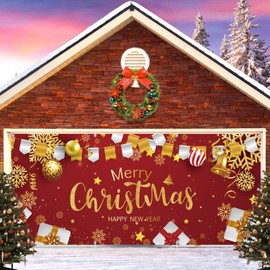 Christmas Garage Door Decorations Cover Banner Backdrop,Merry Christmas Holiday Garage Door Cover Banner, Xmas Ball Gifts Large Hanging 7x16ft 2 Car Garage Door Cover for Outdoor Holiday Decorations