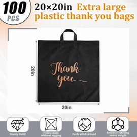 Maitys 100 Pcs 20'' x 20'' Large Plastic Thank You Merchandise Bags with Handles Shopping Bags for Business, Retail, Gifts, Trade and More(Black)