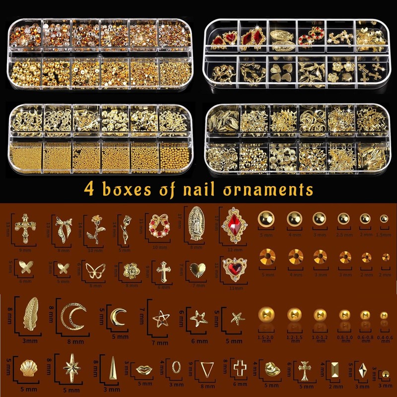 VelvetGlow Gold Nagel Charms Und Edelsteine Set, 4 Boxen Nagel