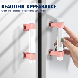Orger 10 Pack Rose Gold Cabinet Handles 3-1/2 Inch Hole Centers, Acrylic Drawer Pulls with Clear Square Tube, Modern Decorated Cabinet Pulls for Kitchen and Bedroom Cabinets