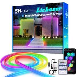 Lichaser 5 m RGB+IC Flexible Neon LED Strip Outdoor, Bluetooth Outdoor IP68 Neon LED Strip Sync with Music, 24 V DIY LED Strip Light Outdoor Waterproof for Patio, Garden Lighting