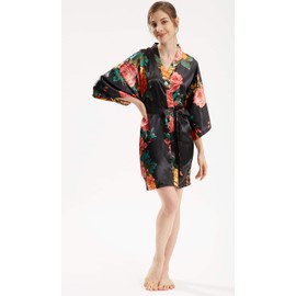 Peony Floral Silk Kimono Robe Bridal Bridesmaid Robes Dressing Gown for Women (Black, Small-Medium)