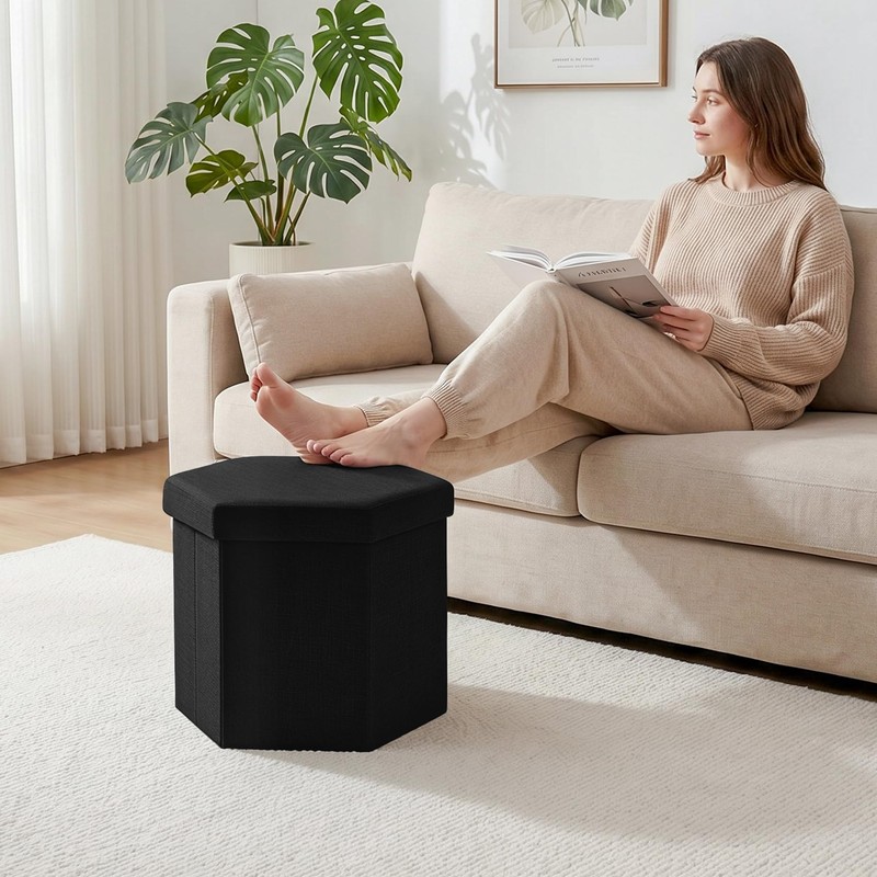 PINPLUS Linen Hexagon Storage Ottoman, Foldable Fabric Footstool with Lid,