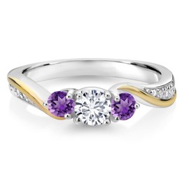 925 Sterling Silver and 10K Yellow Gold White Lab Grown Diamond and Purple Amethyst 3 Stone Engagement Ring For Women (0.50 Cttw, Gemstone April Birthstone, Available In Size 5, 6, 7, 8, 9)