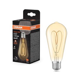 OSRAM Vintage 1906 Edison is a warm white dimmable Edison bulb with filament, offering 8W for 806lm, E27 fitting, gold glass, 64mm diameter, 2200K, EEK F.