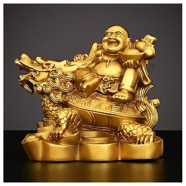 Hotei-like Figurine, Gold, Seven Lucky Gods, Sitting on a Golden Dragon Turtle, Hotei Maitreya Bodhisattva, Buddha Statue, Figurine, Money Luck, Amulet, Prosperous Business, Entrance Door Feng Shui,