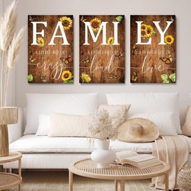 GUBIYU Farmhouse Family Wall Art Set of 3, Rustic Family Wall Decor for Living Room Dining Room Decor for Walls Retro Brown Wood Wall Art Butterfly Art Sunflower Decor Living Room Wall Decor 16"x24"