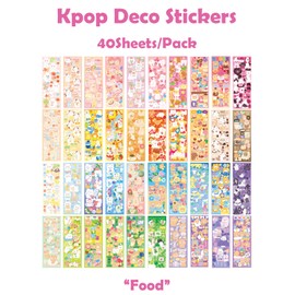 SIBLYMONA 40Sheets Korean Deco Stickers Set, Kpop Potocard with Cute Rabbit Bear Cat Dessert Flower Ribbon Animal, DIY Colorful Glitter Self Adhesive for Scrapbook Card (Food), Pink
