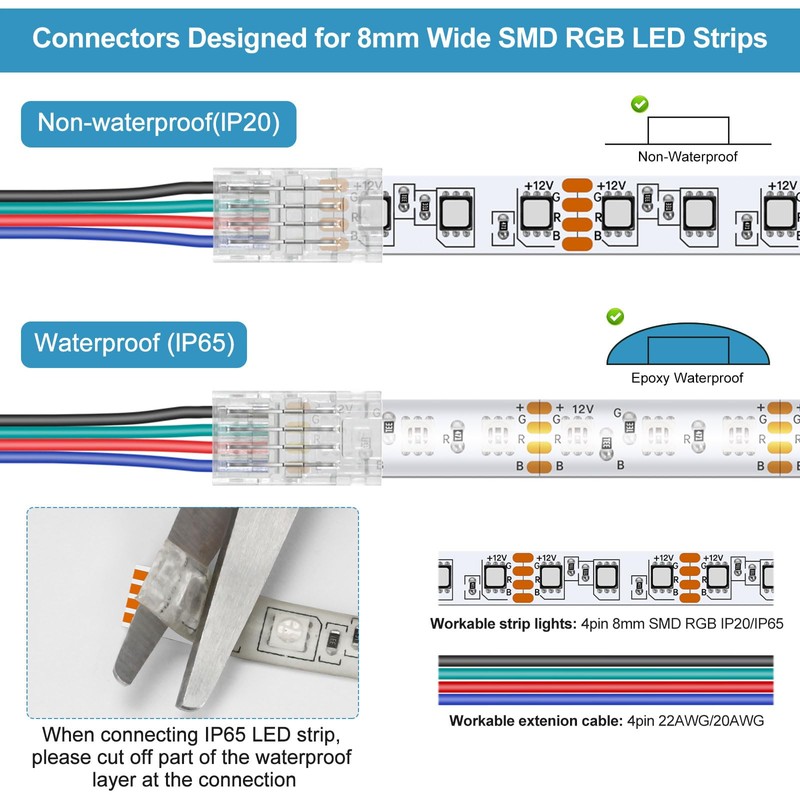 RGBZONE 25Pcs 8mm 4 Pin LED Connectors Gapless Solderless LED