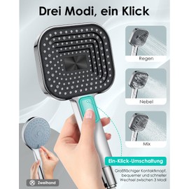 Duschkopf Wassersparend, Duschbrause Groß 135mm, Handbrause mit Antikalk-Funktion 【Lebensmittelechtes Silikon】【43% Wassereinsparung】, AirMix Brausekopf Dusche mit 3 Strahlarten, Chrom (Ohne Schlauch)