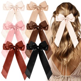 KFHENSOMR Bow Hair Ties 6 Pcs Satin Hair Ribbon Oversized Ribbon Hair Bows for Women Long Tail Ribbons Bow Scrunchies Cute Elastics Bows Hair Accessories for Thick Thin Hair