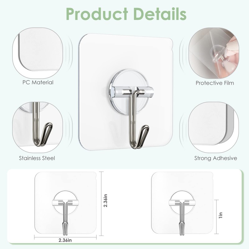 Lomrsiul Adhesive Wall Hooks for Hanging, Clear Removable Window Hooks