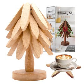 Wooden Trivets for Hot Dishes,Tree Coasters Hot Pads for Kitchen,Trivets for Hot Pots and Pans Like a Christmas Tree - 4 Wooden Trivet + 1 Stand (Beech Wood)