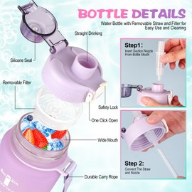 AOHAN Sports Water Bottle, 1 Litre, Tritan Water Bottle, BPA-Free, Leak-Proof Drinking Bottle with Straw, Sports Bottle with Filter and Time Marking for Fitness, Cycling, School, Office and Outdoor