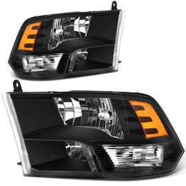 Bincmay Headlight Assembly Fit For 2009-2018 Dodge Ram 1500, 2010-2018 Dodge Ram 2500 3500, 2019-2022 Ram 1500 Classic Factory Quad Style Left and Right Side (Black Housing Amber Reflector)
