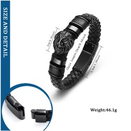 constantlife Lion Head Cremation Bracelet for Ashes Stainless Steel Urn Memorial Jewelry Braided Leather Wristband Cuff Bangle Keepsake Gift for Men Women (Black-24cm)