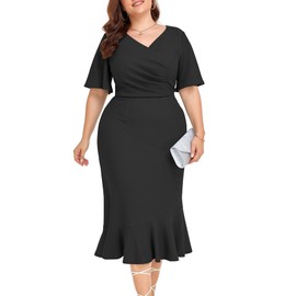 LALAGEN Plus Size Dress for Women Modest Short Sleeve Ruched Bodycon Mermaid Cocktail Midi Dresses Black 3X