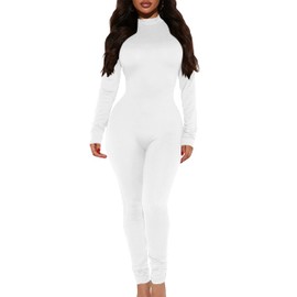 Mokoru Women's Sexy Bodycon Long Sleeve One Piece Jumpsuits Full Length Club Rompers,Small,White