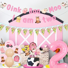 Fangleland Farm Animal 2nd Birthday Decorations for Girls, Oink Baa Moo I am Two Banner Farm Animal Bunting Printed Balloons Cupcake Toppers Number 2 Foil Balloons for Age 2 Birthday Party Supplies