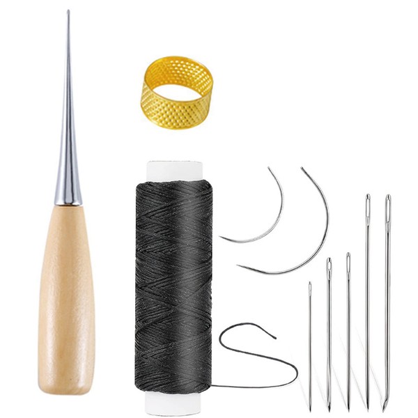 Leather Sewing Needle, Leather Needle Kit, Leather Hand Sewing Needles, Curved Needles with Stitching Awl, Thimble and Waxed Thread for Leather Handicrafts Bags, Clothes Carpets, 10 Pieces