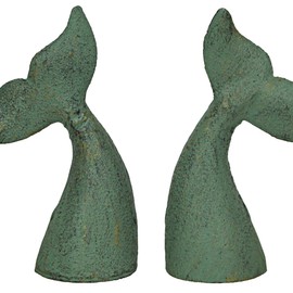 Set of 2 Nautical Cast Iron Whale Tail Decorative Bookends for Home Decor, Coastal Themed Shelves, and Beach House - Verdigris Green Enamel Finish - Organize and Beautify Your Space