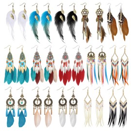 Nosiny 16 Pairs Feather Earrings for women dream catcher earrings Bohemian Feather Tassel Drop Dangle Earrings Colored Beads Faux Feather Earrings Western Vintage Feather Earrings Set
