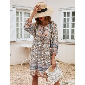 Bluetime Women Casual Summer Dress Boho V Neck 3/4 Sleeve Babydoll Floral Print Flowy Beach Dress (L, Beige)