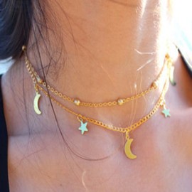 Aneneiceera Boho Star Necklace Dainty Moon Choker Necklace Star Pendant Satellite Gold Chain Choker Trendy Layered Wedding Necklace Fashion Jewellery Gift for Women and Girls (Gold), Gold