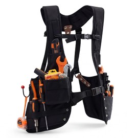 1 Pack Tool Vest with Leather, 33 Pockets with Removable Nail Pouch and Drill Holster Bag Heavy Duty Tools Belt Fully Adjustable for Men Women Electrician Construction Carpenters
