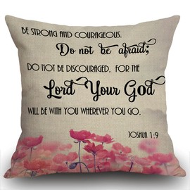 Smooffly Christian Bible Verses Scripture Quotes Joshua-1:9 Pink Flowers Cushion Cover 18x18 inch Linen Square Throw Pillow Cover for Living Room Sofa Couch Bed Pillowcase 45cm x 45cm