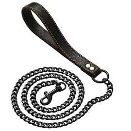 W/W Lifetime Black Chain Dog Leash - Heavy Duty Metal Chew Proof Leash with Leather Padded Handle for Large Medium Dogs (11MM, 4.5ft)