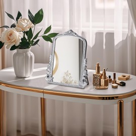 Vintage Makeup Mirror, Vanity Desk Mirror Antique Traditional Tabletop Mirror, Standing, Hang or Wall Mounted, Adjustable Dress-up Mirror, Gold Decor Mirror for Living Room,Bedroom