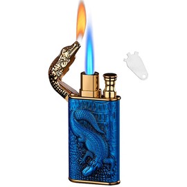 Torch Lighter,Relief Crocodile Magic Dual Flame Lighter with Adjusting Flame Tool,Creative Windproof Lighter, Jet Flame Butane Lighter, Refillable Butane Lighter Gifts for Outdoor Indoor(Blue)