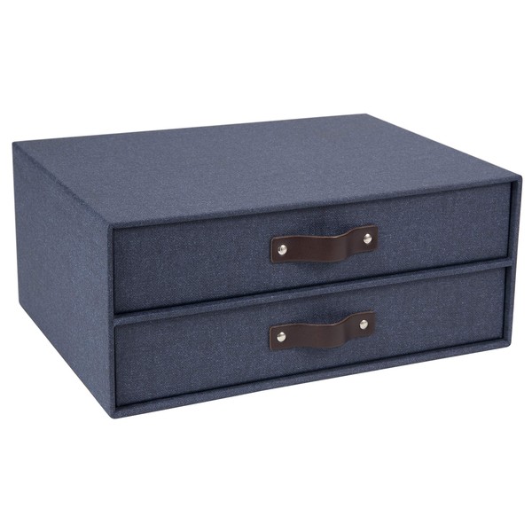 Bigso Birger 2-Drawer Canvas Fiberboard Easy Pull Handle Document Letter Box, 5.7 x 13 x 9.8 in, Blue