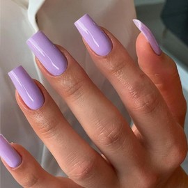 SXVME Lilac Press on Nails Long Square, Purple False Nails Long Medium Coffin, Glossy Gel Fake Nails Press on, Square Solid Soft Gel Stick on Nail For Women, 24 Pcs