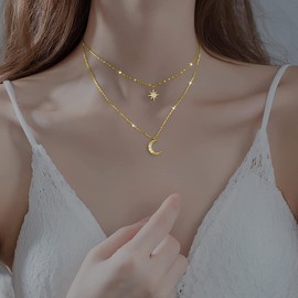 SLUYNZ 925 Sterling Silver Layered Necklace Chain Star Moon Choker Necklace for Women Layering Chain Choker (B-Gold)