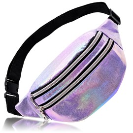 Waist Fanny Pack for Women Waterproof PU Bumbags for Ladies Fashion Shiny Bum Bag with Adjustable Belt for Dog Walking Hiking Travel Cycling (Purple)