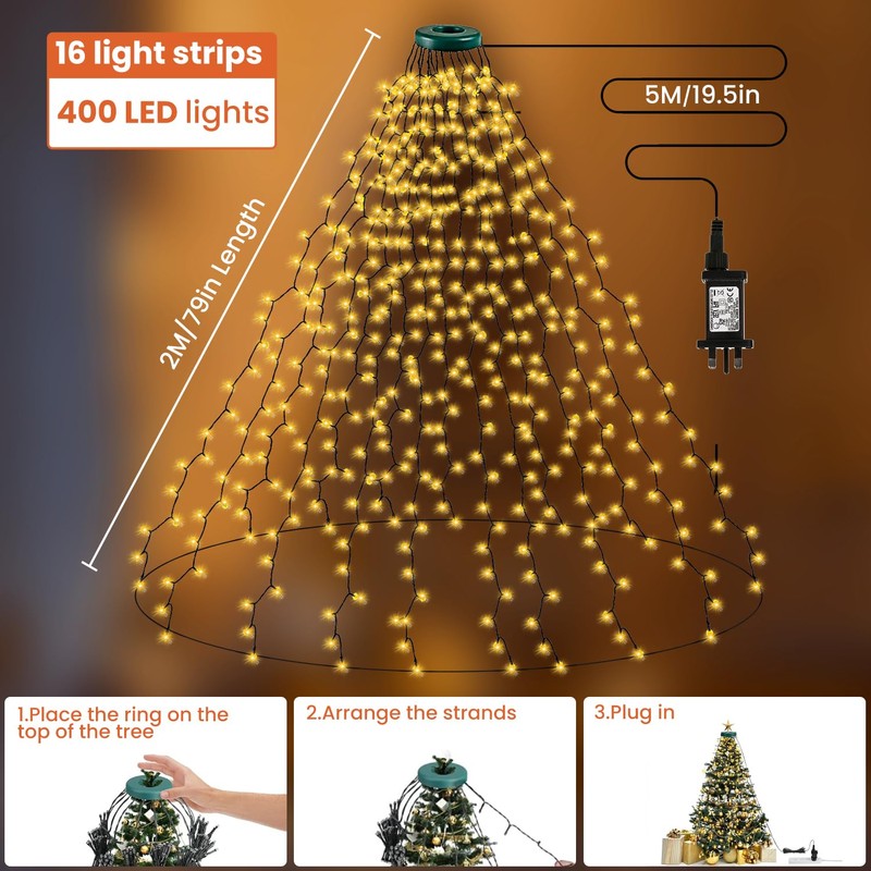 Christmas Tree Lights, 2Mx16 Xmas Tree Lights 400LED Christmas Lights