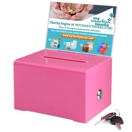 Donation Collection Ballot Box Ticket & Drawing Voting or Comment Box office and fundraising suggestion box 6.25 x 4.75 x 4 inch, Display Sign Holder 4 x 6 inch with Lock and keys(Pink)