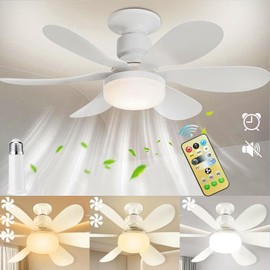 Ventilador de techo con luz de 30W, base E27, regulable 3000K-6500K/ajuste de brillo, 3 velocidades de viento, ventilador de techo de 6 asas, luz de ventilador pequeña enchufable