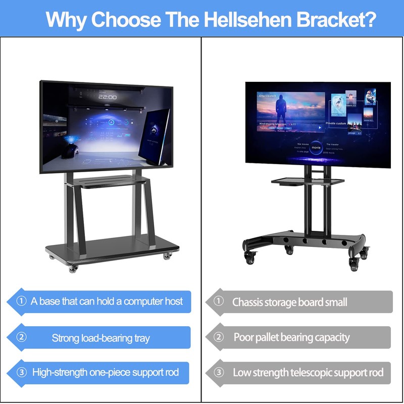 Hellsehen Mobile TV Stand,Rolling TVs Cart on Wheels Height Adjustable