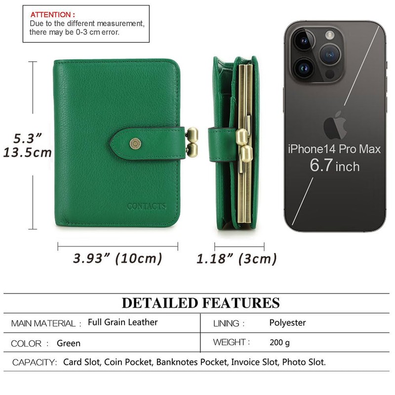 Full Grain Leather Kiss Lock Wallet for Women Contact's Small