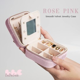 Velvet Travel Jewelry Case, Portable Mini Jewelry Travel Organizer, Small Jewelry Boxes for Women, Bridesmaid Gifts and Travel Essential to Store Ring, Necklace, Earring(Rose-1 pc)